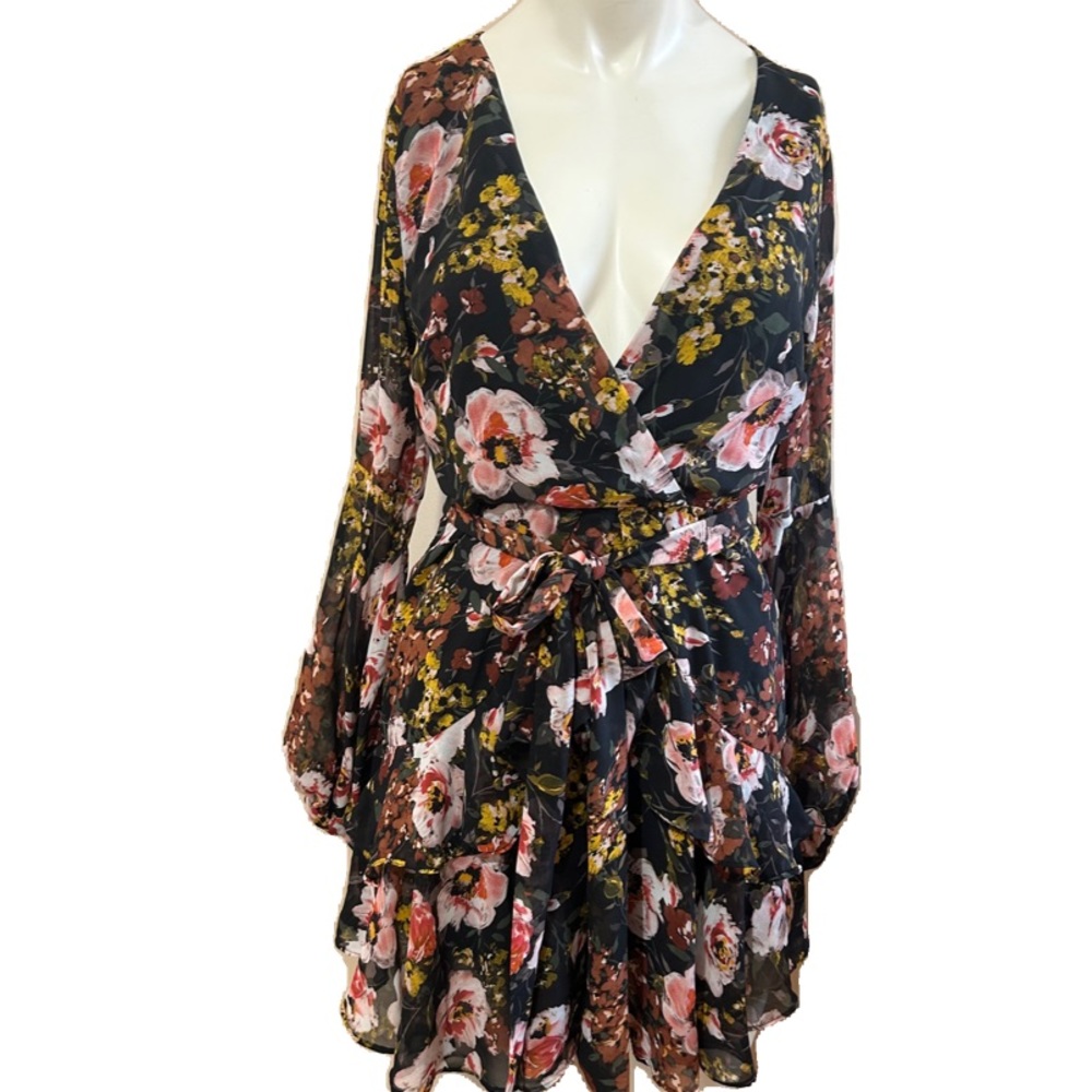 LUXXEL FLORAL RUFFLED LONG SLEEVES MINI DRESS TIE WAIST IN SIZE SMALL